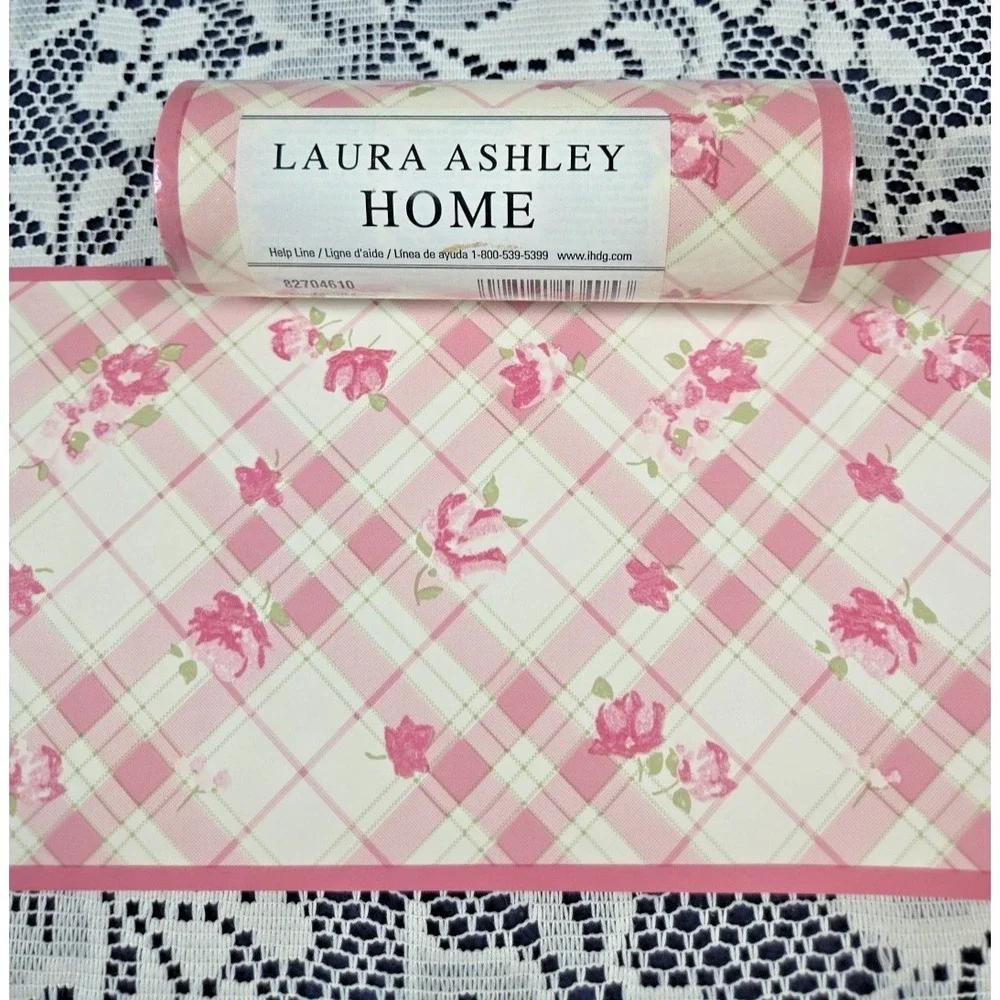 Laura Ashley Home Wallpaper Border Pink Floral Plaid 5 yds X 2 Pre-pasted NOS